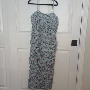 Bardot Light Blue Floral Midi Dress with Red and Green Accents
